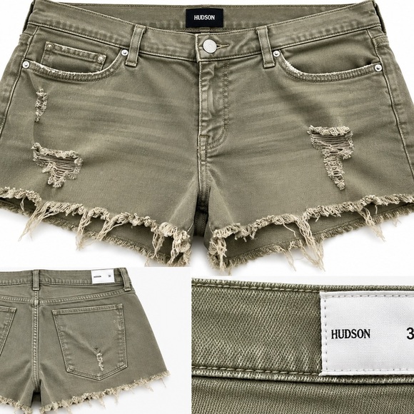 Hudson Jeans Pants - Hudson Jeans Olive Green Distressed Frayed-Hem Denim Shorts